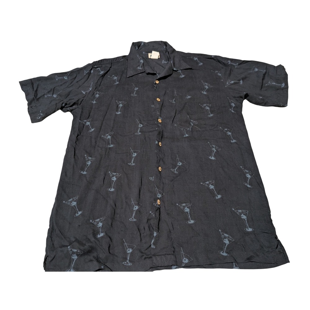 Cherokee Waikiki Wear Shirt Mens M Black Martini Glass Tropical Rayon Aloha Tiki